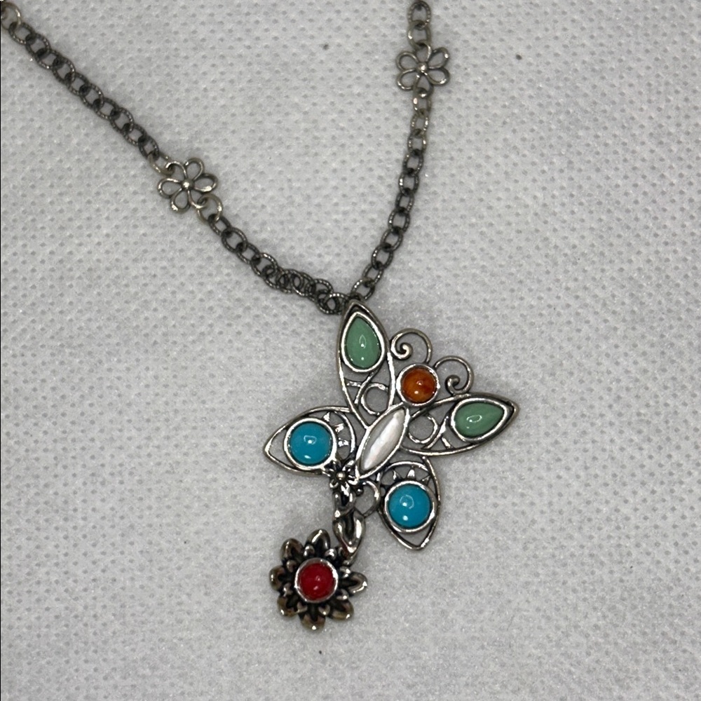 NWOT Carolyn Pollack Sterling Silver Multi Gemstone Butterfly Flower Necklace